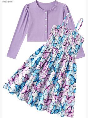 Girls Casual Adjustable Strap Dress Cardigan Set Size 5-12Y